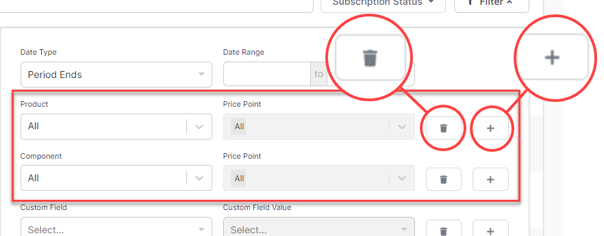 Filter rows with the add and remove controls highlighted
