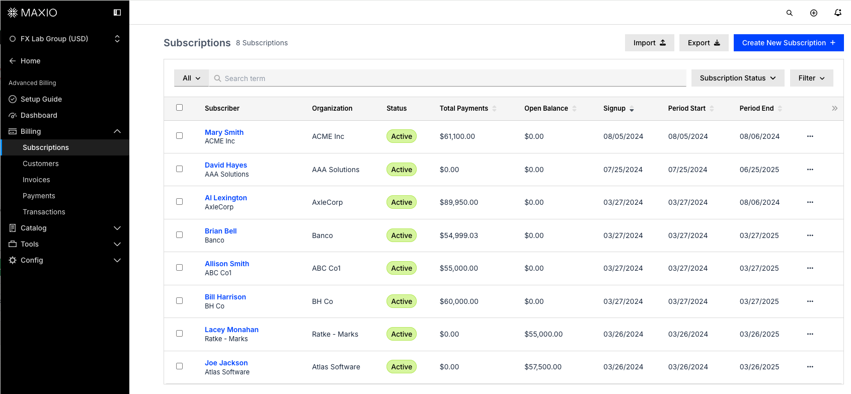 Subscriptions list showing search results