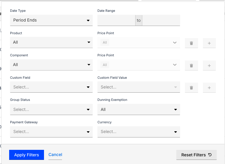 Filter panel with date range and status controls