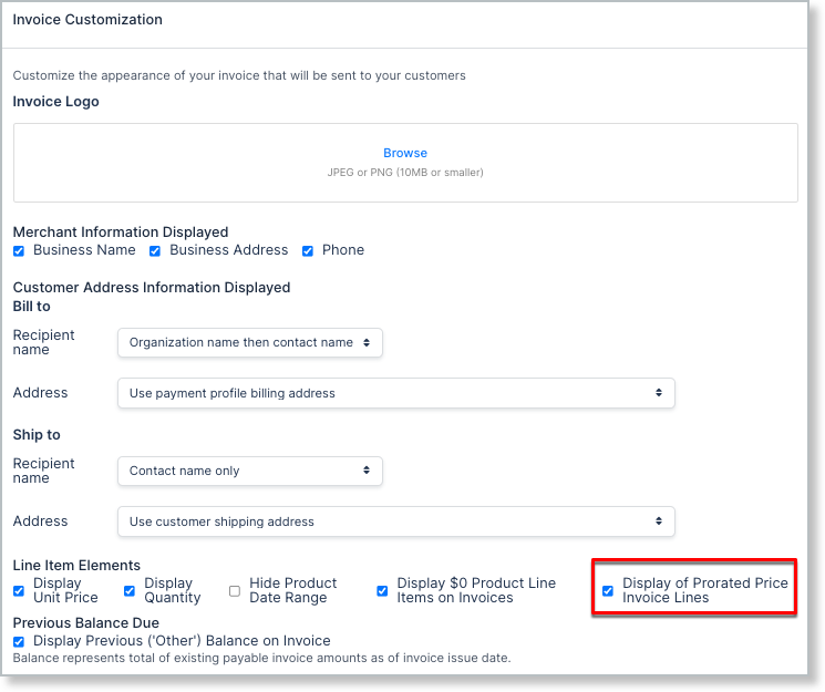 Display of Prorated Price Invoice Lines setting