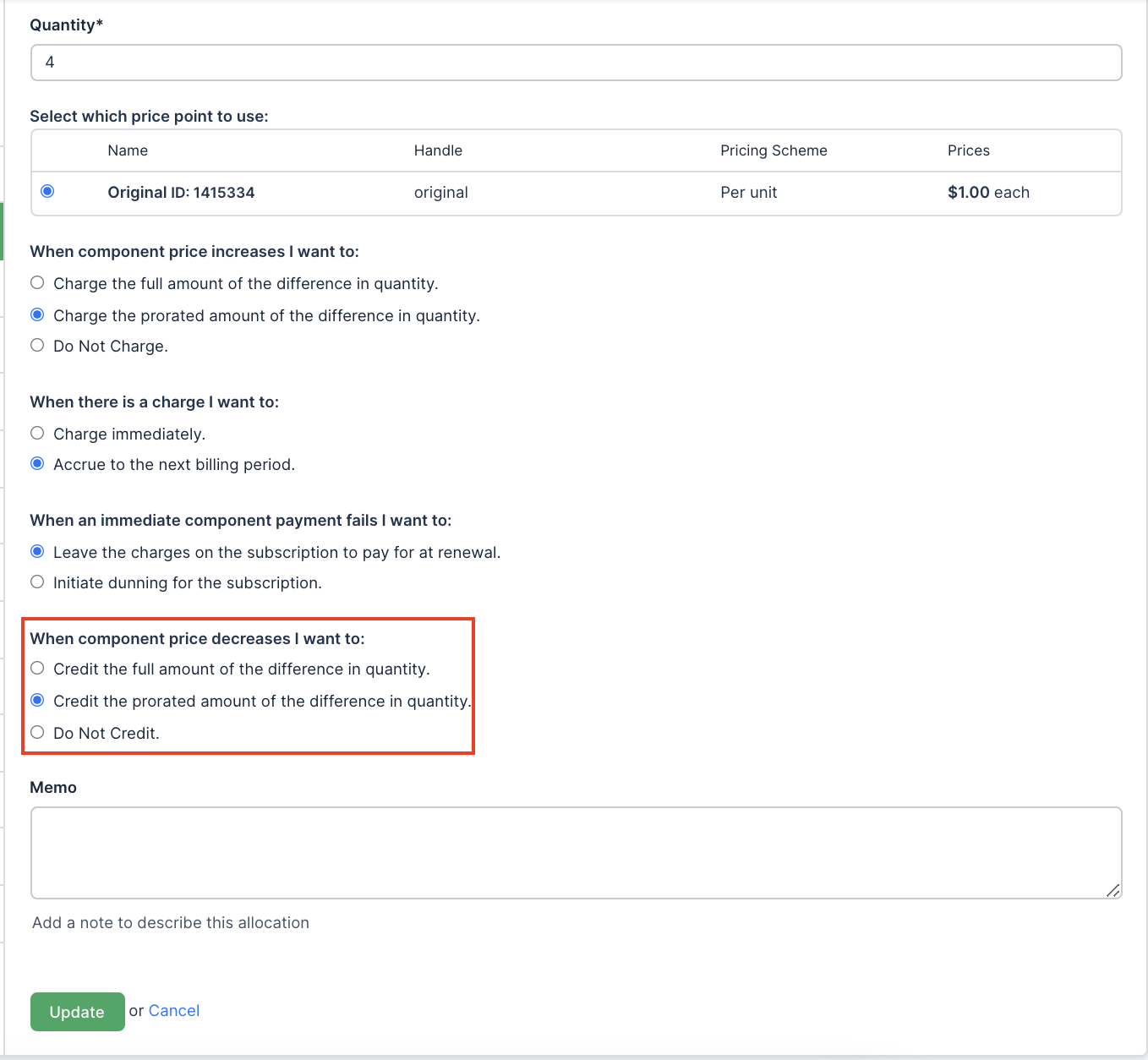 Component allocation form with the "When component price decreases I want to" options highlighted, set to credit the prorated amount of the difference