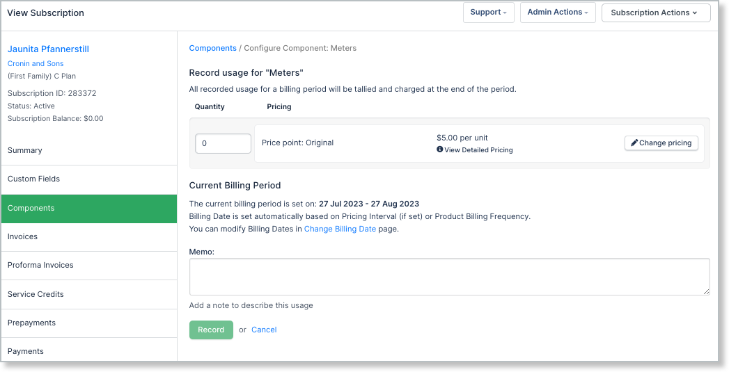 Record Usage screen for metered Product
