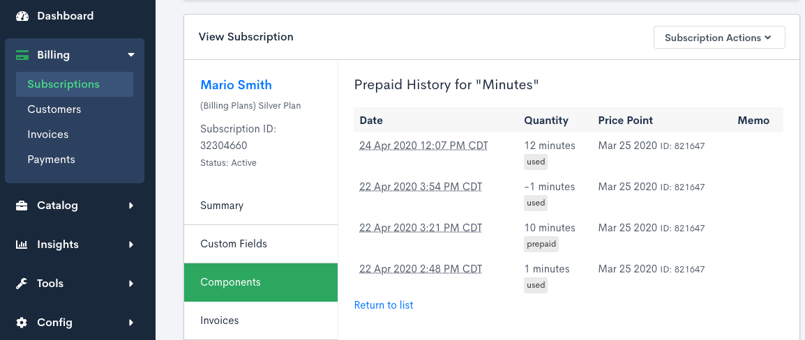 Prepaid Product usage history showing used and prepaid quantities