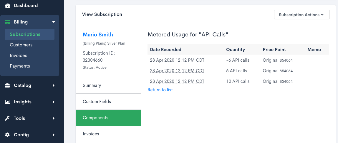 Metered Product usage history