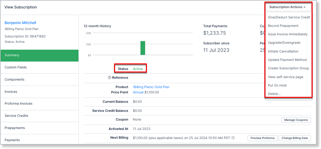 Actions menu for an active subscription, offering service credit, prepayment, cancellation, upgrade, payment method, grouping and put on hold