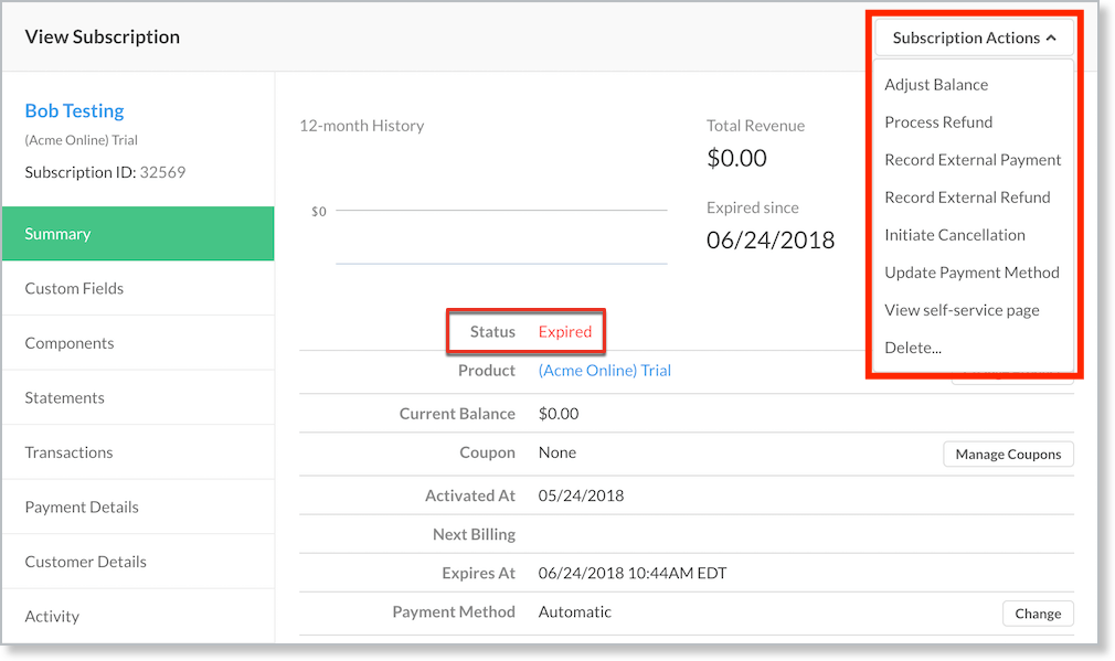 Actions menu for an expired subscription, offering cancellation, refunds and external payments but no reactivation