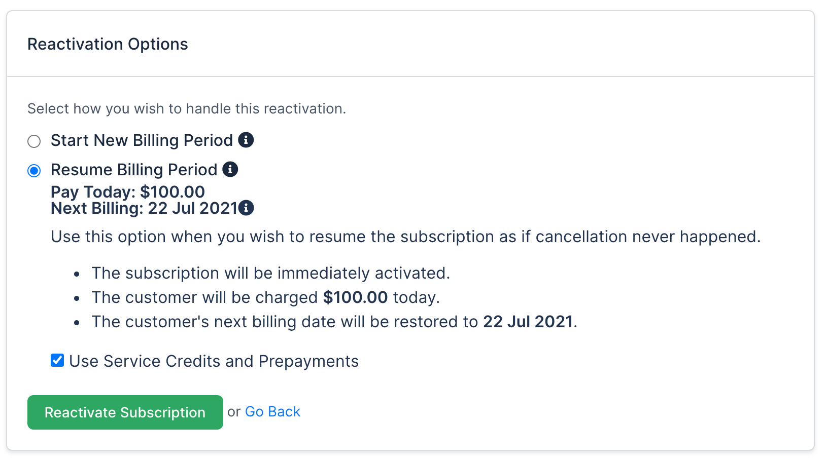 Actions menu for a subscription in one state, showing which actions are available