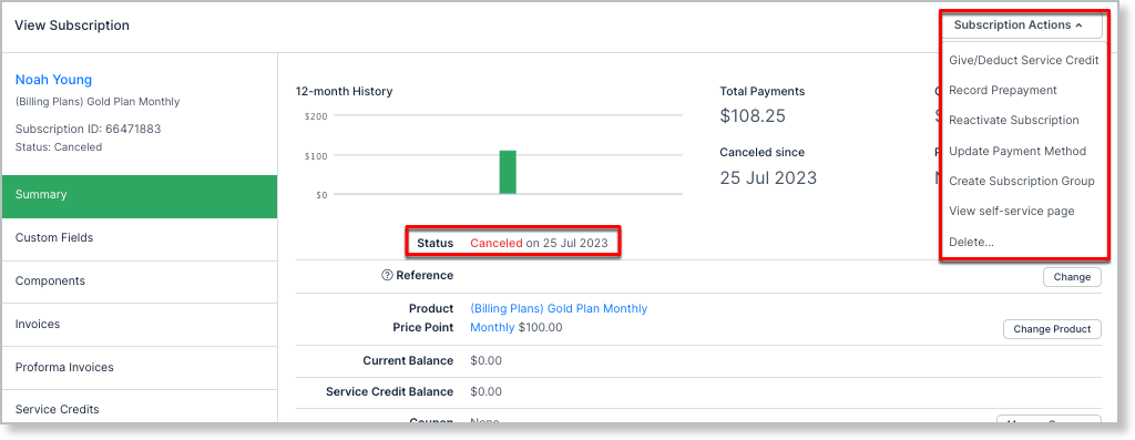 Actions menu for a canceled subscription, offering reactivation but no cancellation or hold