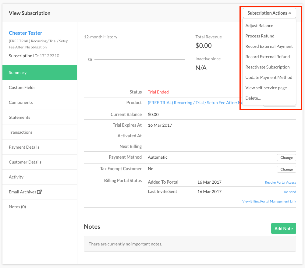 Actions menu for a subscription whose trial has ended, offering reactivation, refunds and external payments