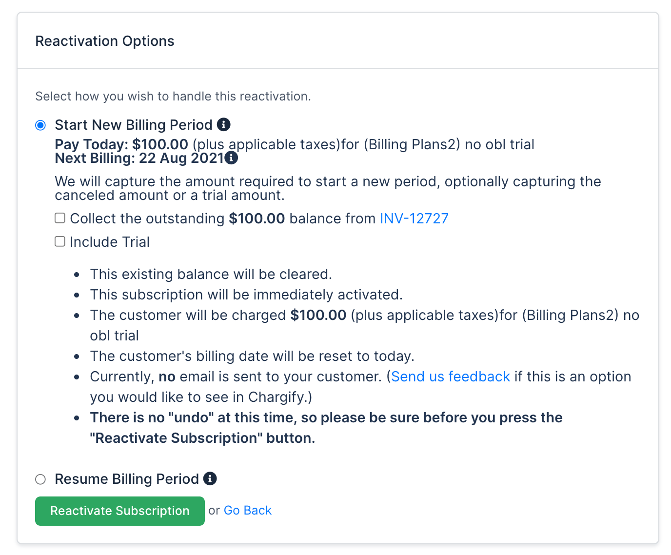 Actions menu for a subscription in one state, showing which actions are available