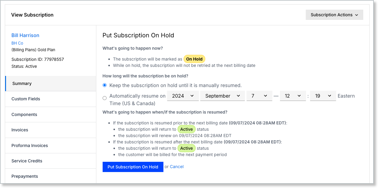 Put On Hold dialog with the hold options and their consequences