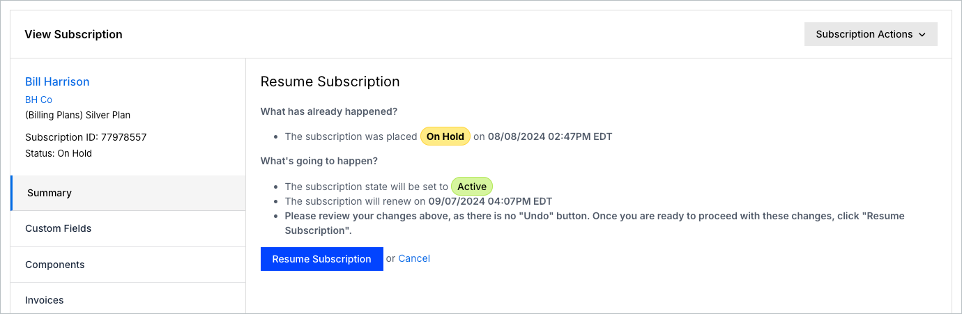 Resume dialog noting that no credit is given for unused time