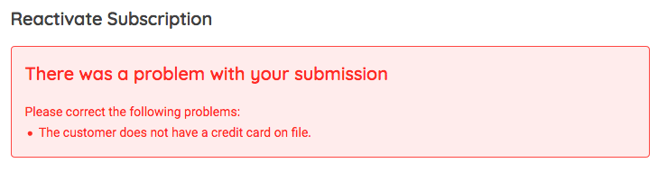Error stating that the customer has no credit card on file