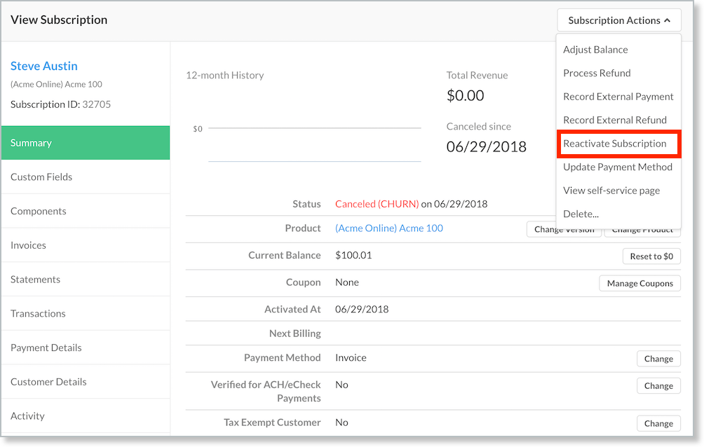 Subscription being resumed from the actions menu