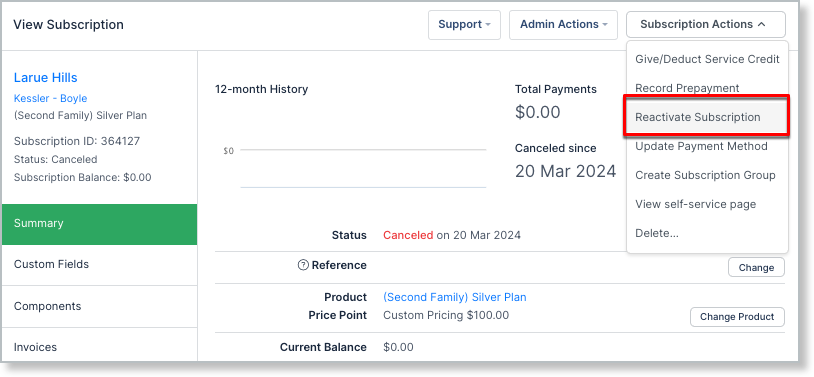 Canceled subscription with the reactivate action available