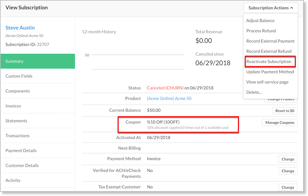 Coupon being applied during reactivation
