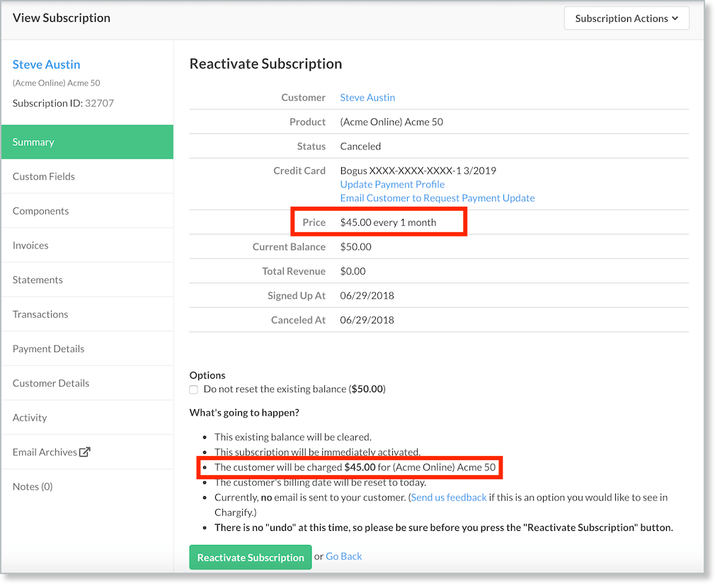 Subscription after the reactivation coupon is applied, with the adjusted total