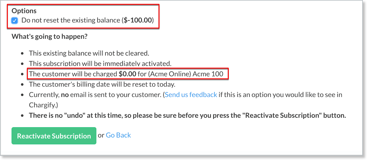 Reactivation screen for a subscription with an outstanding balance, offering options for handling it