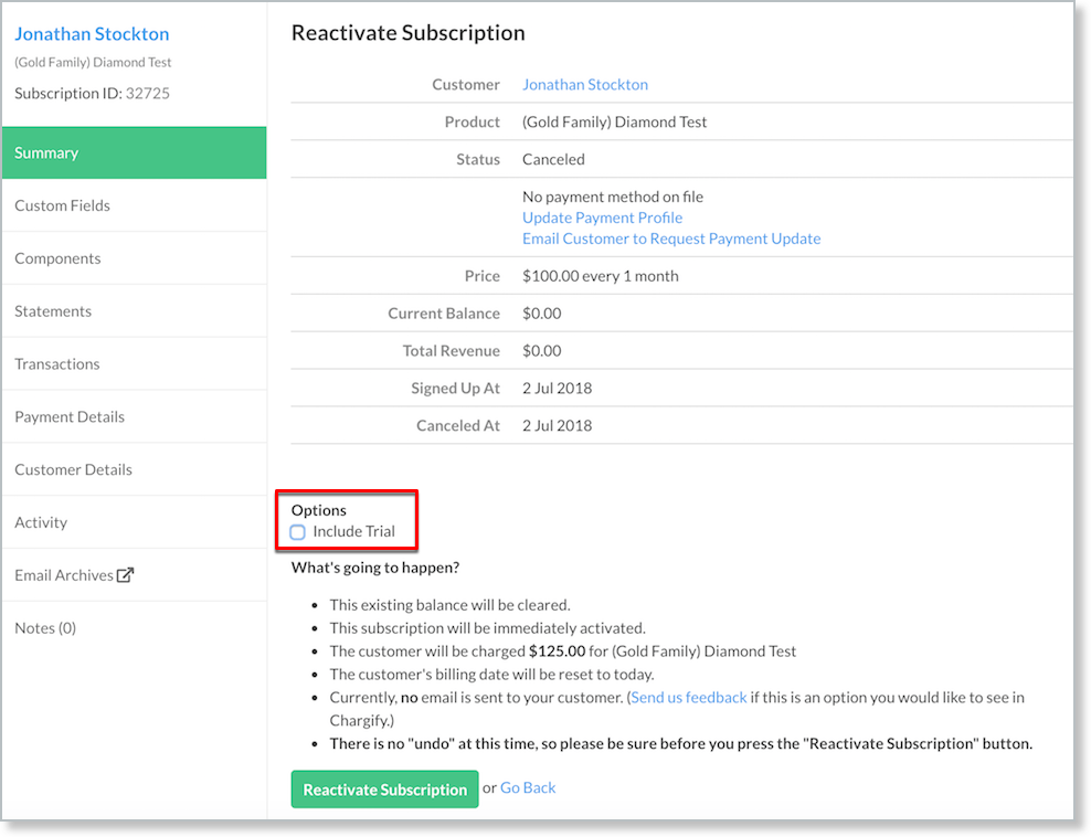 Reactivation confirmation noting that the billing date resets to today
