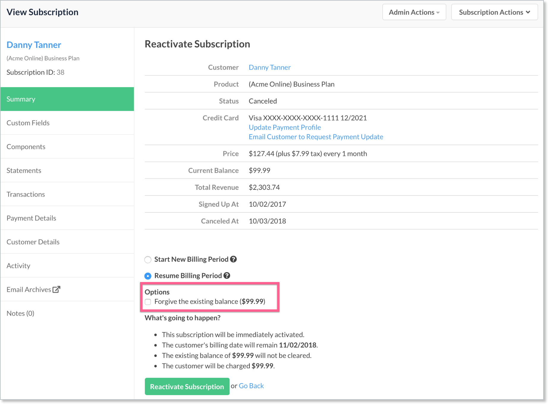 Resume screen for a subscription carrying a balance, showing how that balance is handled by default