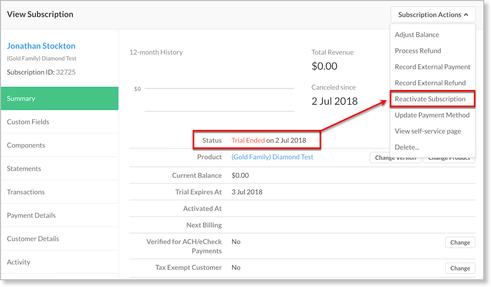 Subscription with its trial ended, showing the reactivation options available