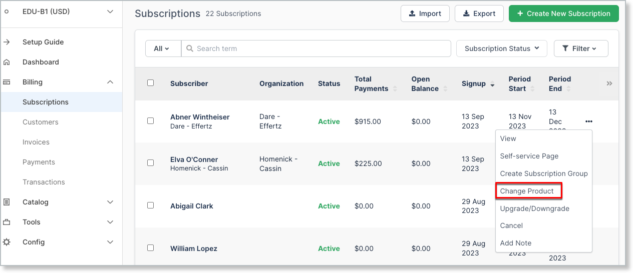 Subscriptions list with a row action menu open