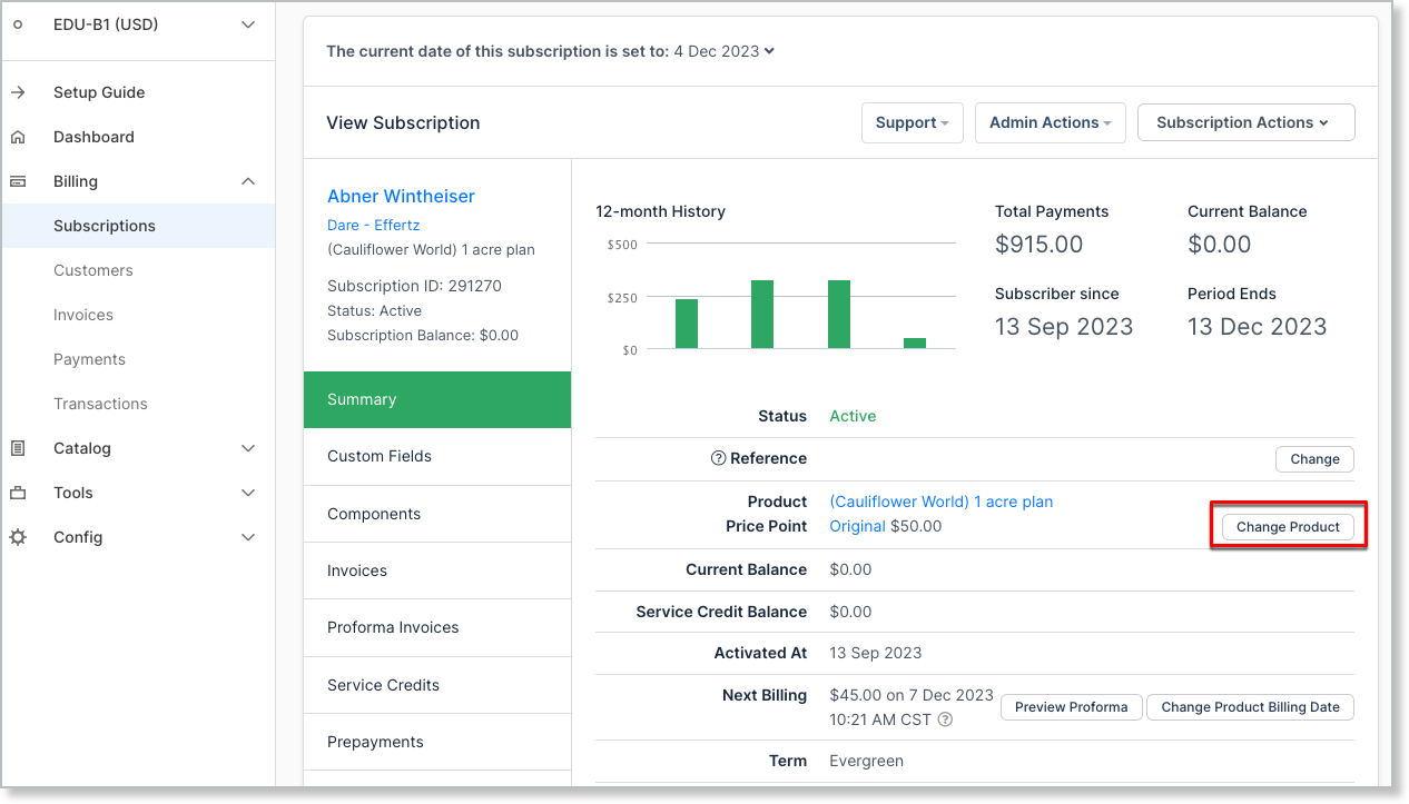Subscription summary with Change Product highlighted