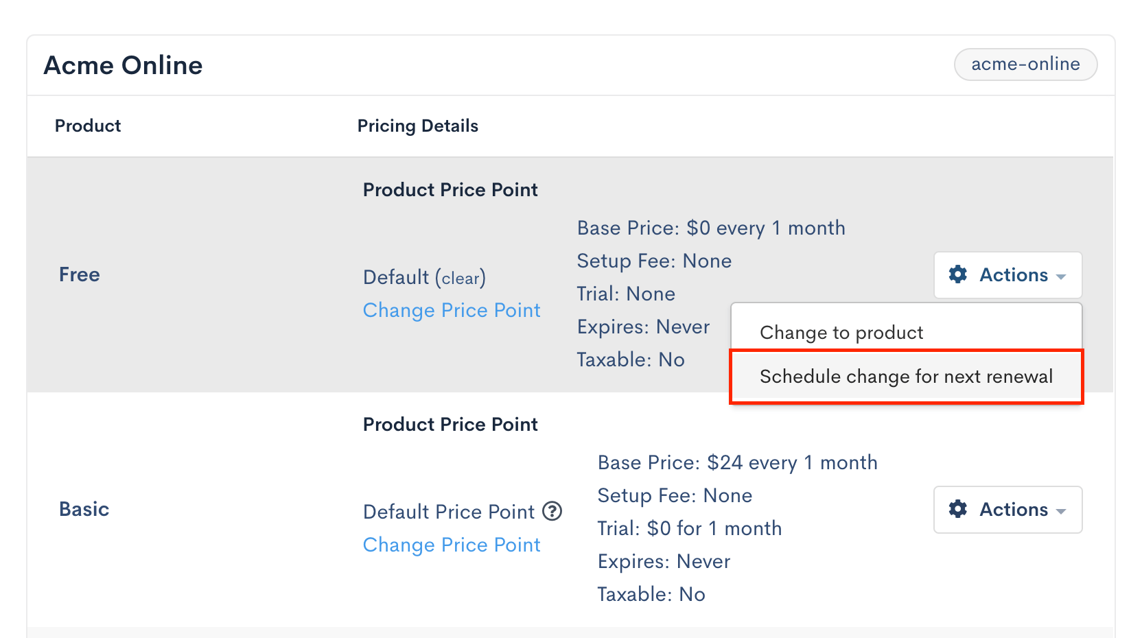 Product price point panel with a scheduled change for the next renewal highlighted