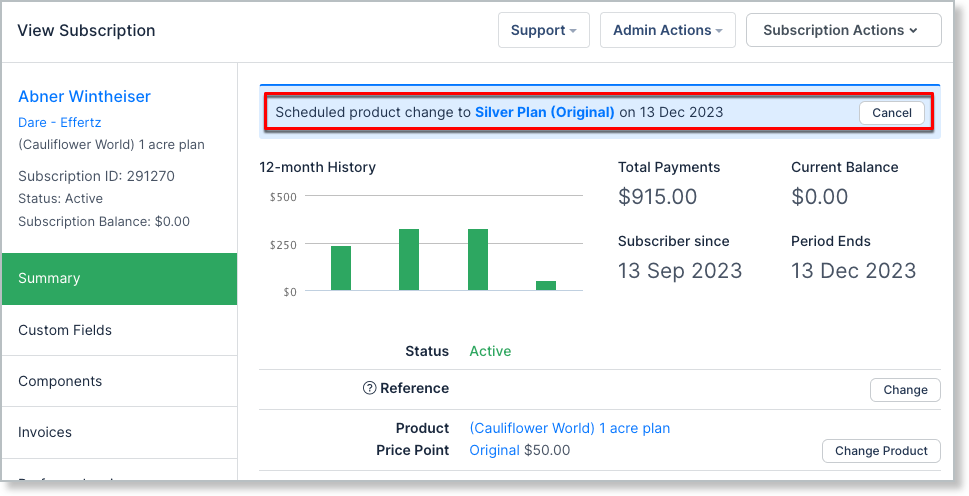 Subscription with a pending scheduled change and the control to cancel it