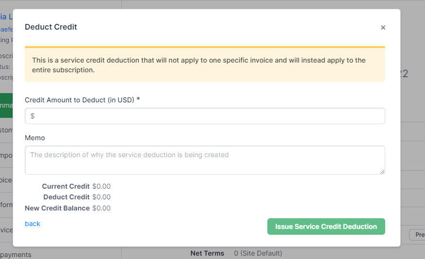 Deduct Credit form warning about deducting more than the available balance