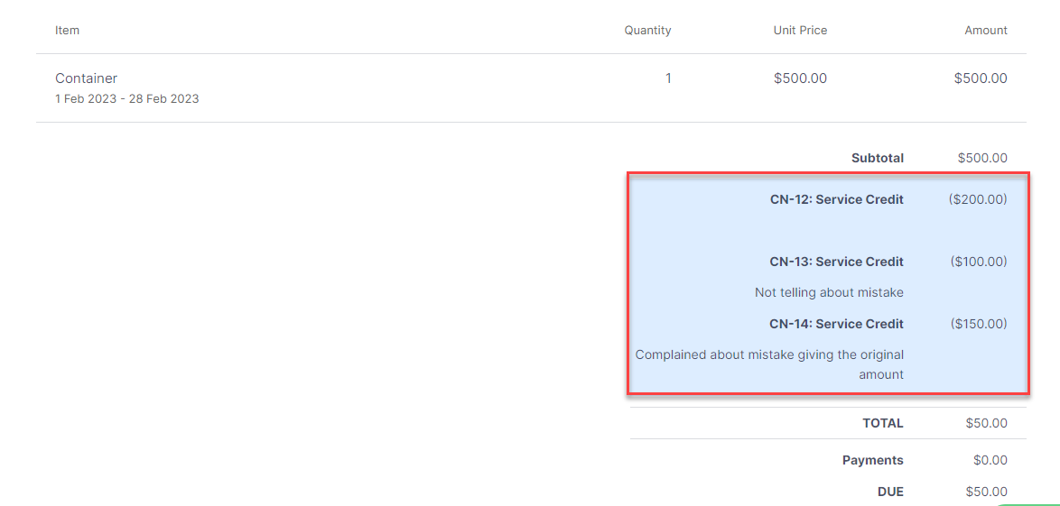 Invoice after a service credit is applied, with the reduced balance due
