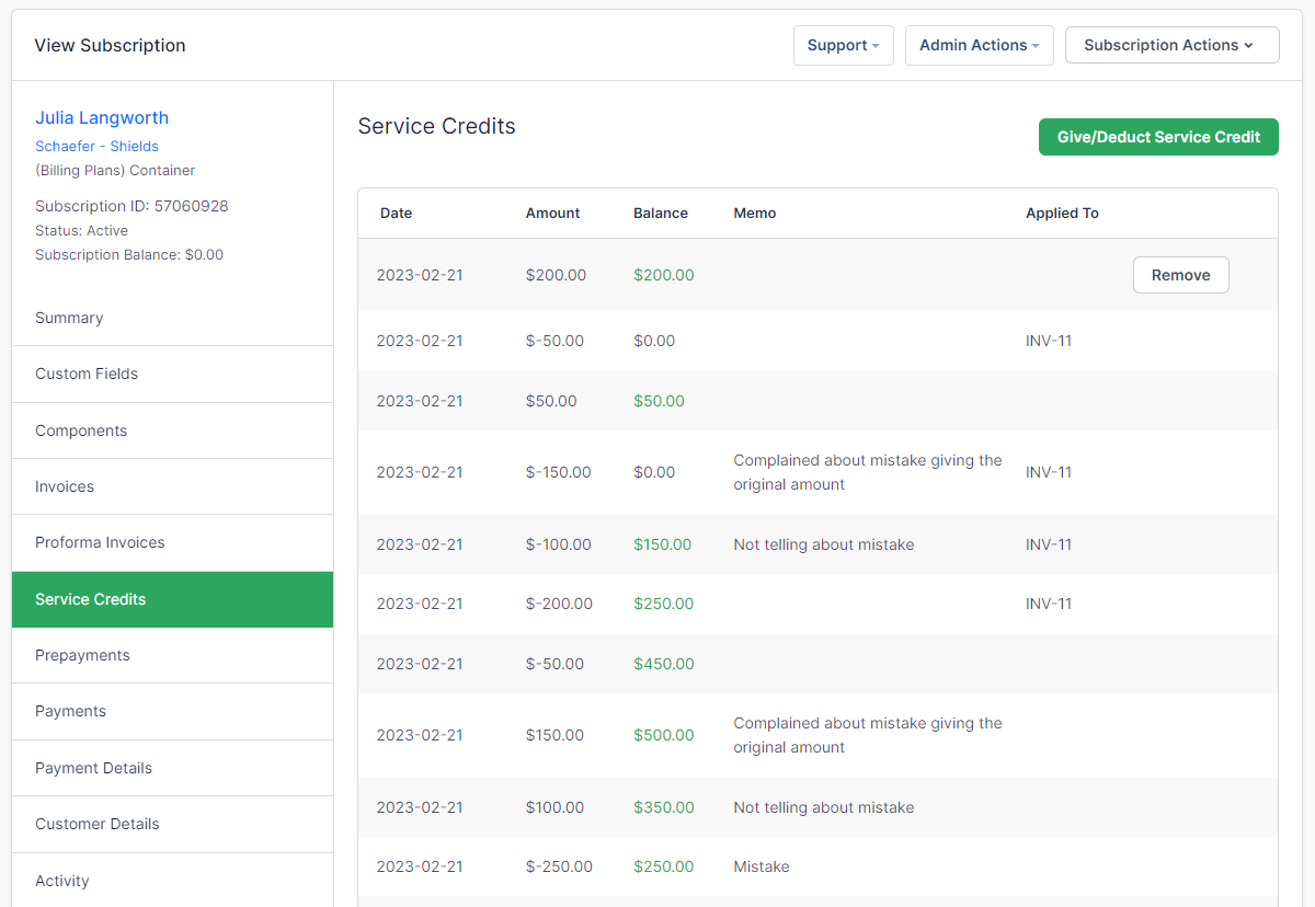 Service credit history with given, deducted and applied entries and their dates and amounts