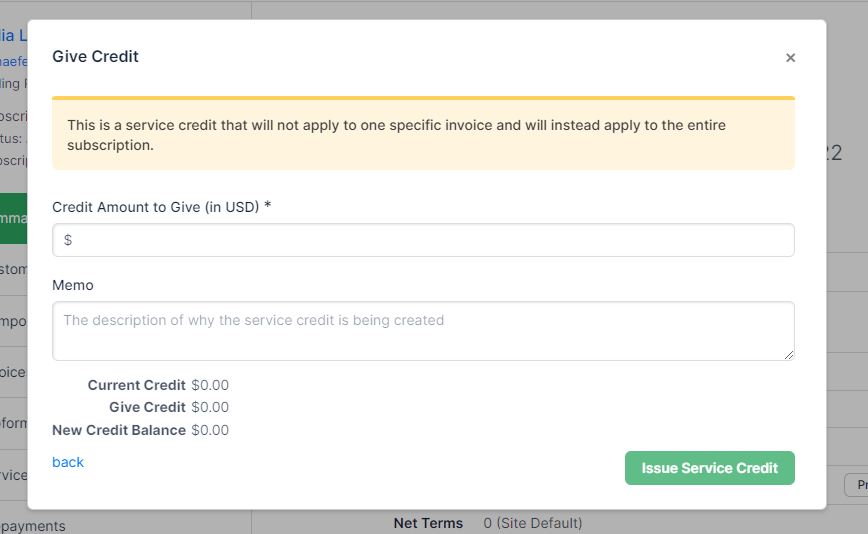 Give Credit form with amount and memo fields and the resulting balance