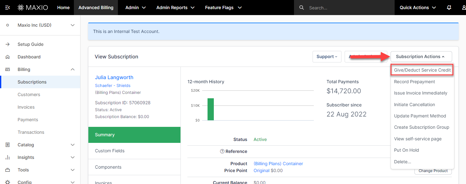 Subscription with the actions menu open on give or deduct service credit