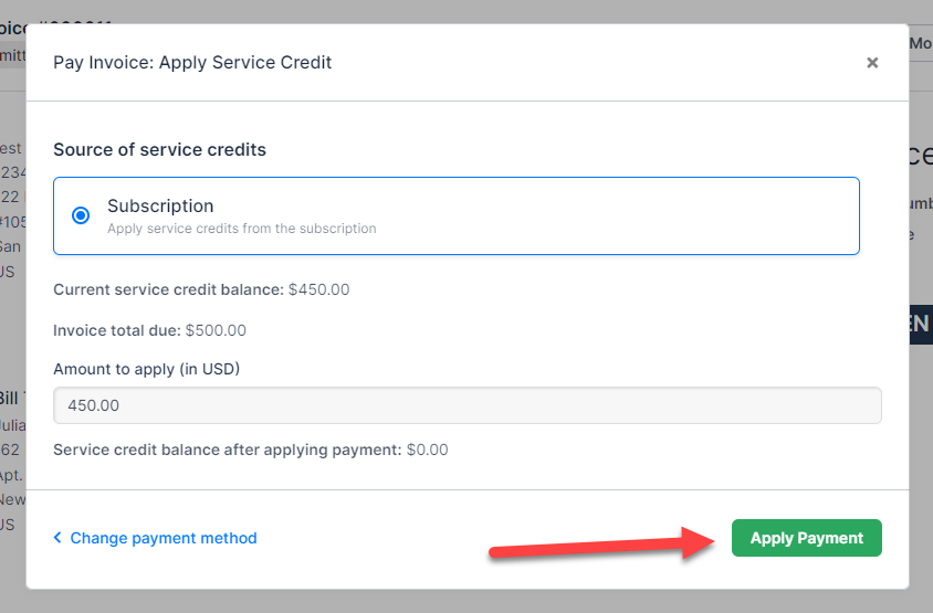 Apply Service Credit form with the available credit, the amount to apply and an apply control