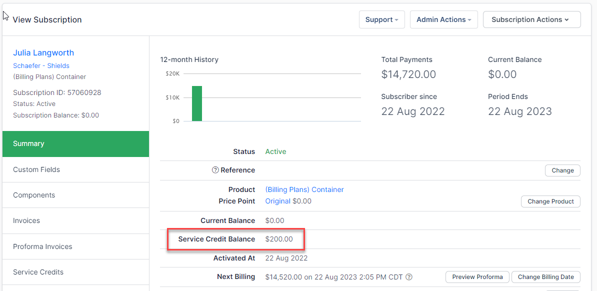 Subscription summary showing a service credit balance