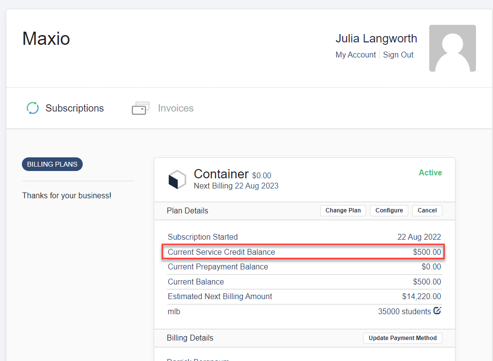 Billing Portal showing a customer's service credit balance