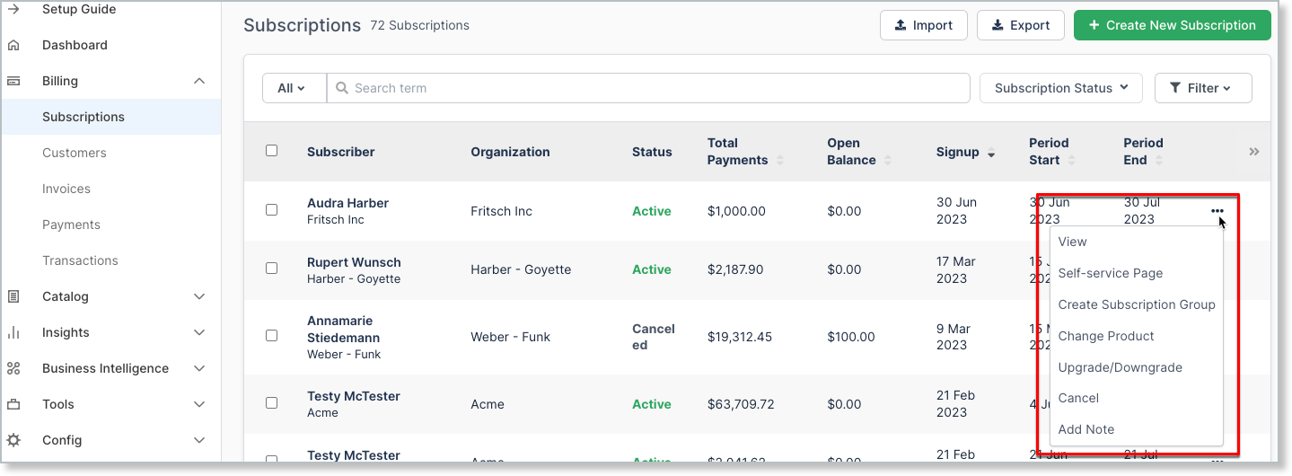 Subscriptions list with the more menu open