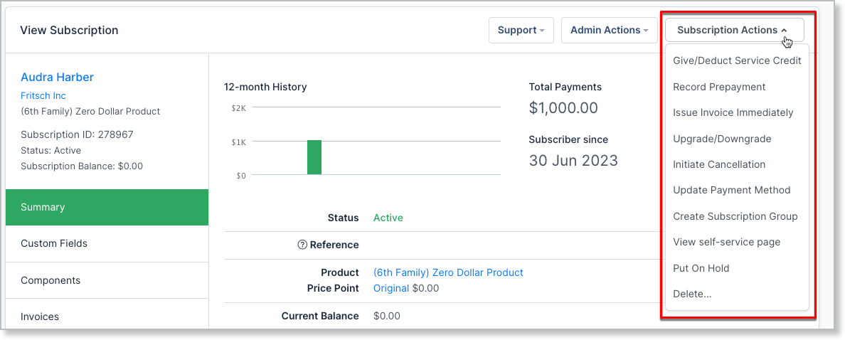 Subscription detail with its actions menu open