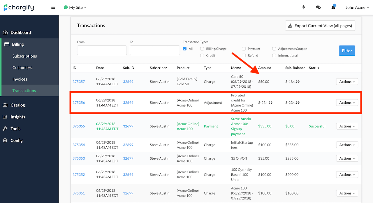 Transactions tab after a change across product families, showing that metered charges are excluded from the proration credit