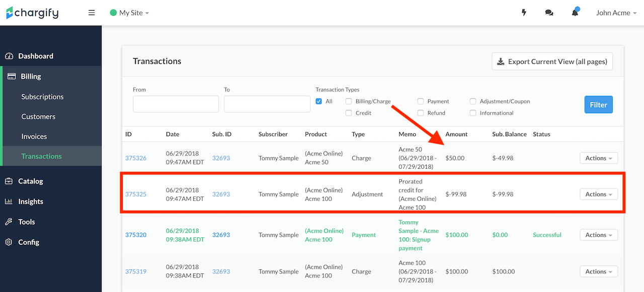 Transactions tab after the upgrade, with the prorated credit and new charges itemised