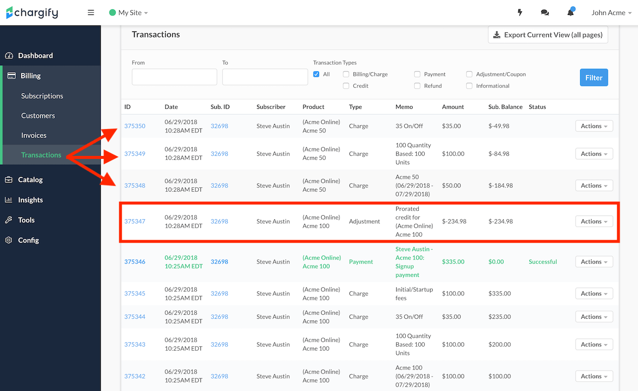 Transactions tab after upgrading a plan with components, showing the quantity-based and on-off charges added
