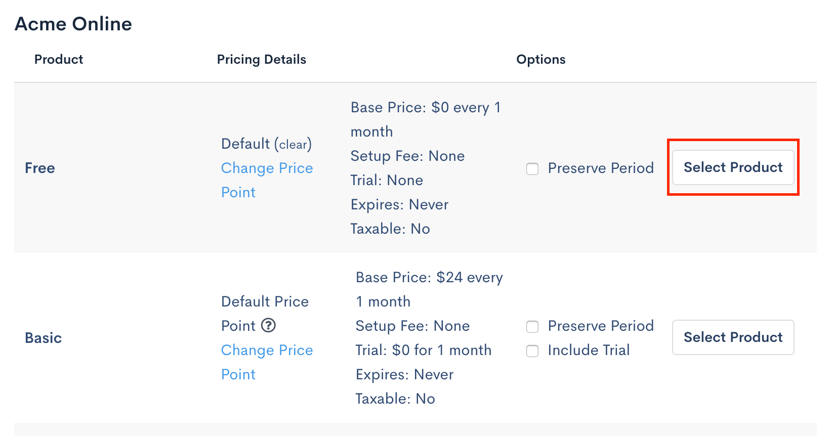 Product selection for a migration, with per-product pricing and a select control on each