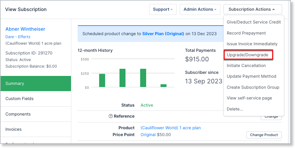 Subscription with the actions menu open on Upgrade/Downgrade