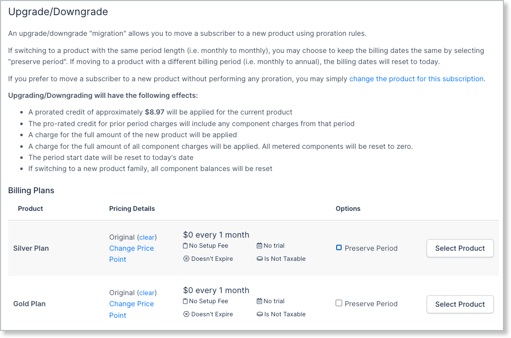 Upgrade and downgrade screen with preserve period unchecked, listing the effects and a billing plans table