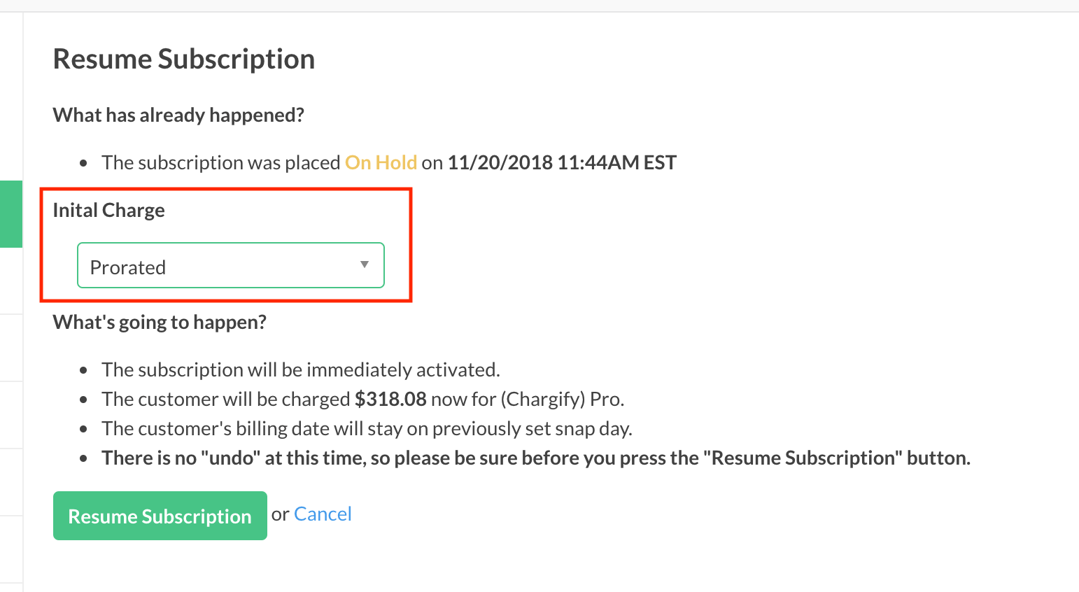 Additional resume option specific to calendar billing