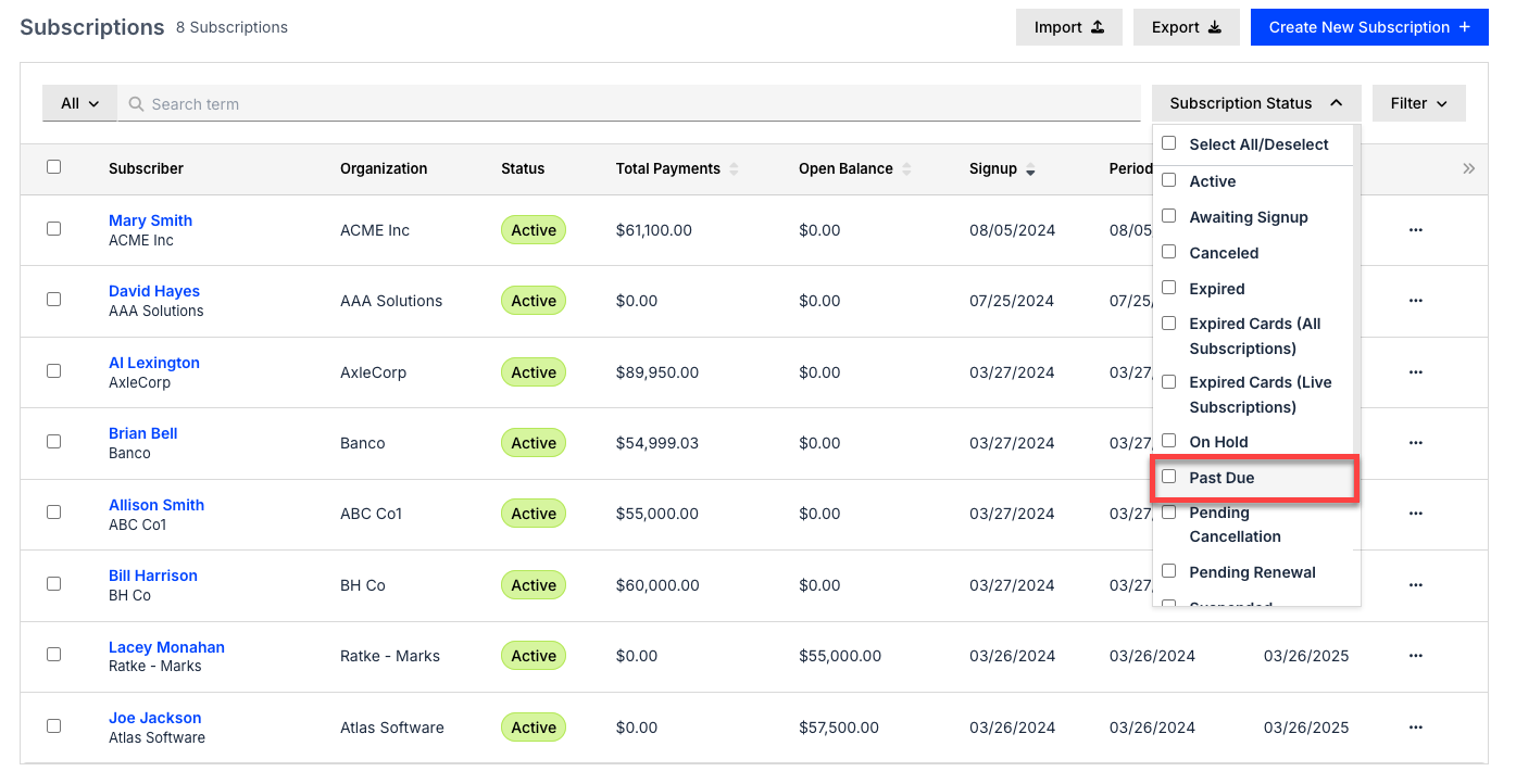 Subscriptions list with one row and control highlighted