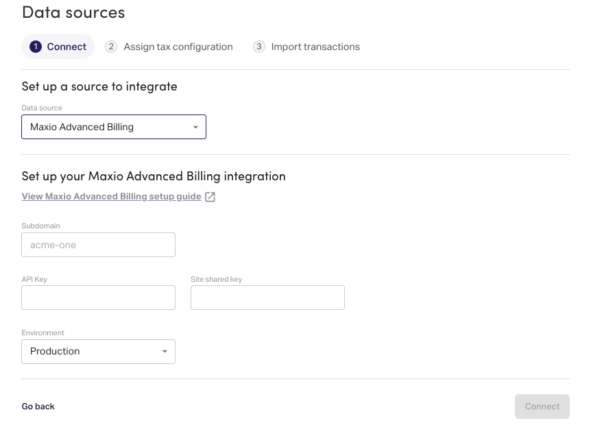 Anrok data sources wizard on its connect step, with a data source selector