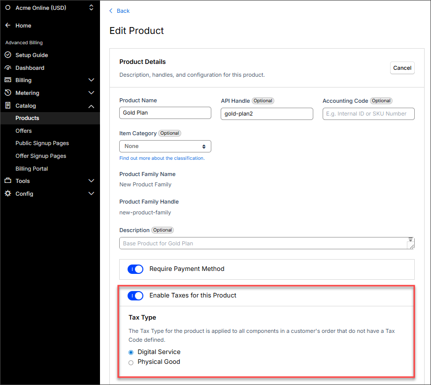 Product edit page with a toggle enabling taxes and a tax type choice of digital service or physical good