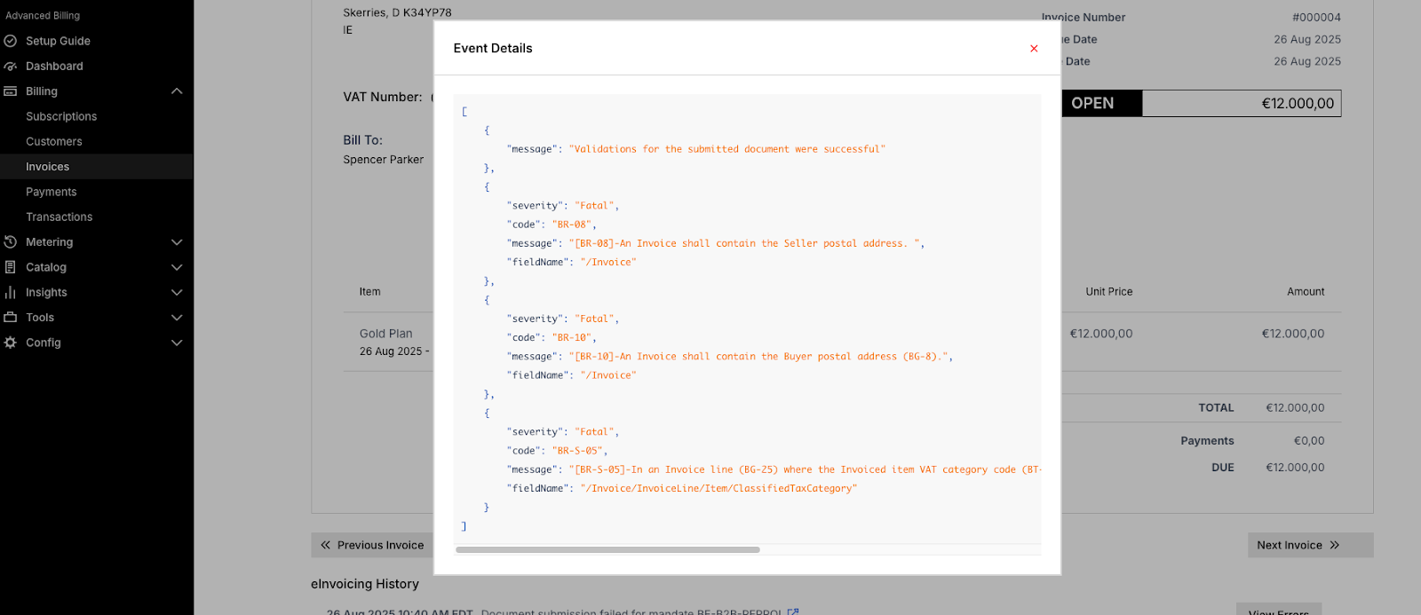 Submission detail showing a raw error payload alongside the invoice detail